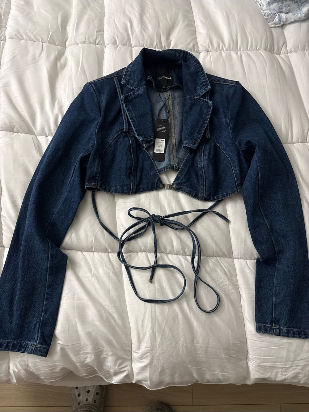 Fashion Nova Dark Blue Cropped Tie-Front Denim Jacket